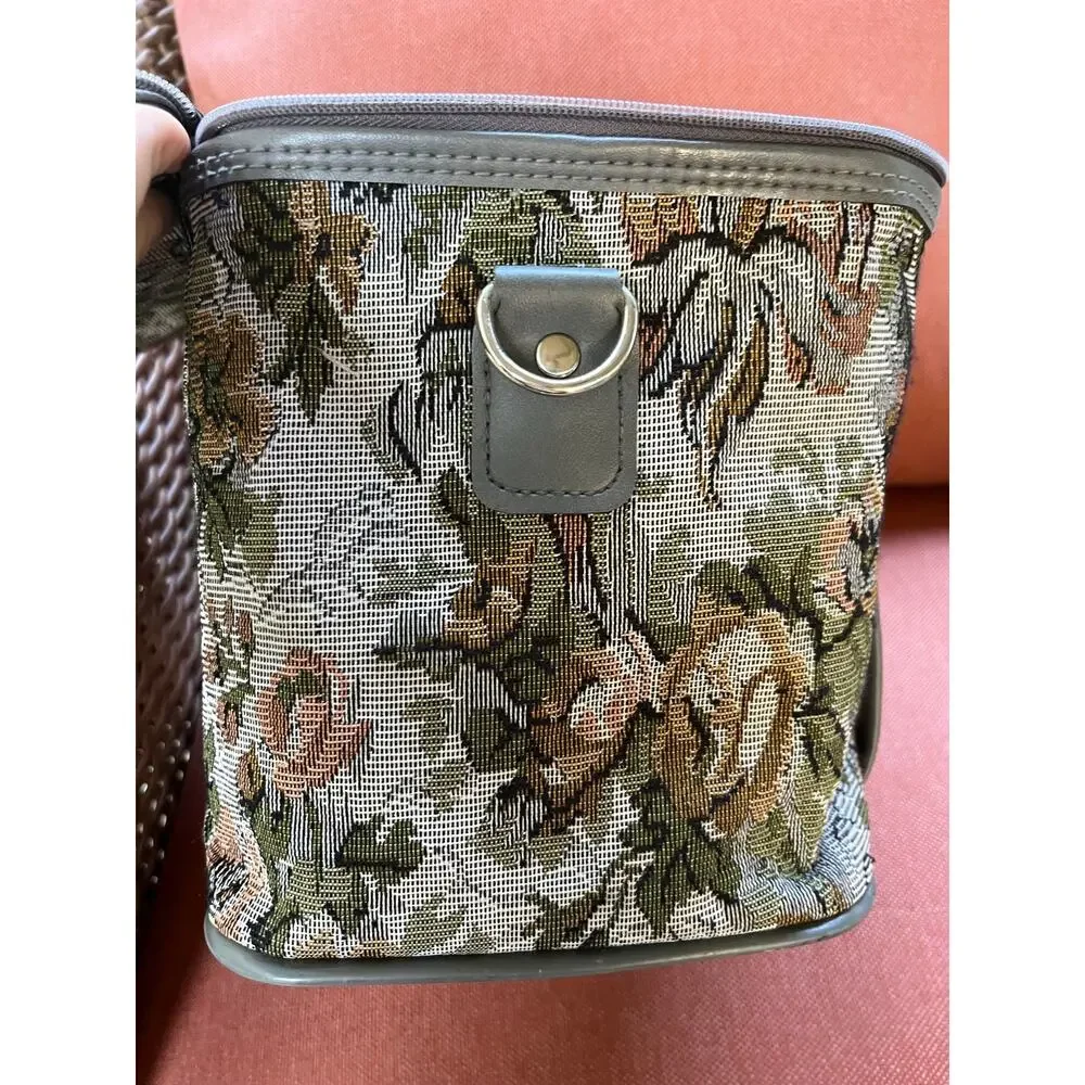 Jordache Vintage Tapestry Train Case Cosmetic Vanity Case Floral Mirror 12x9x8